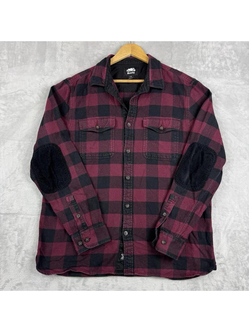 Roots Buffalo Plaid Flannel Jacket Mens Large Red Black Quilted Lined Workwear